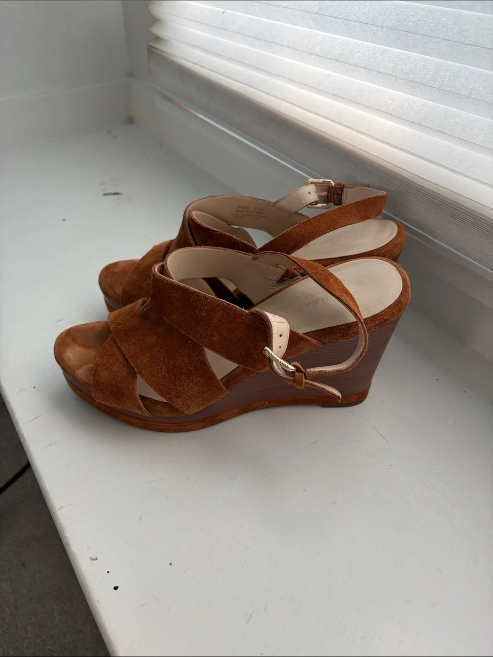 Cole Haan Brown Suede Wedge Sandals with Ankle Strap